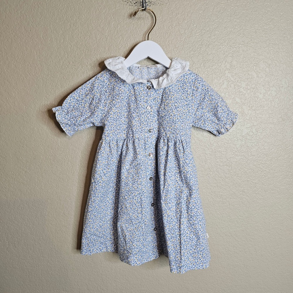 Les Enfantines Paris Girls Blue Floral Eyelet Collar Dress Size 4